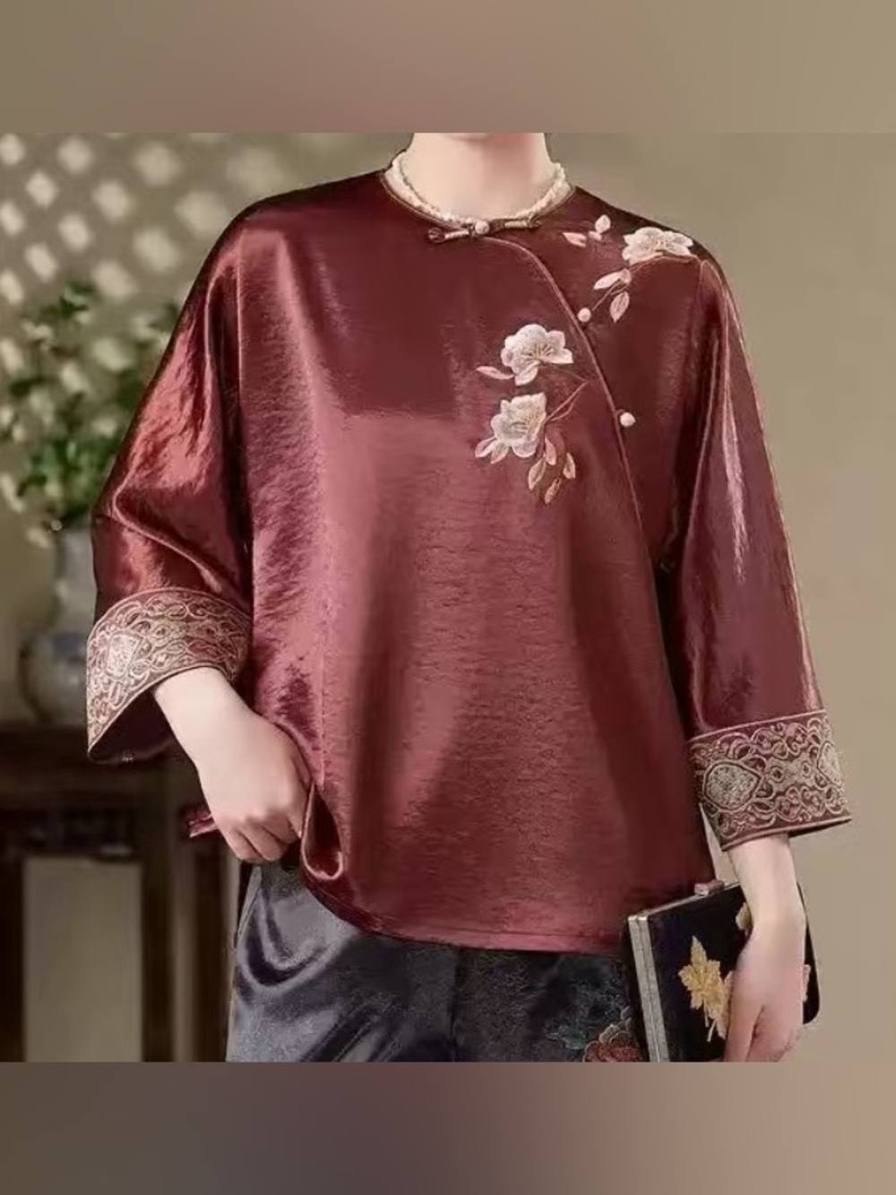 Embroidered Satin Blouse in Wine Red - Classic Women's Tunic